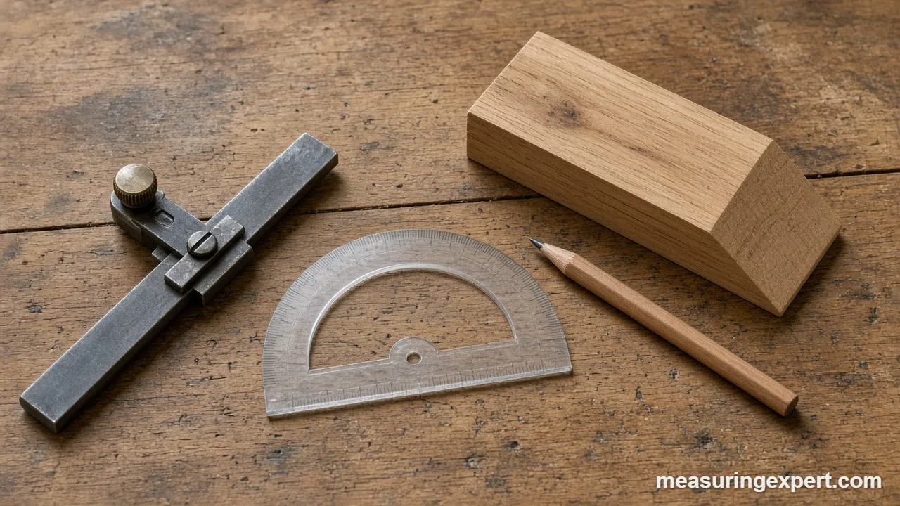 Protractor vs bevel gauge tools next to an angled board cut