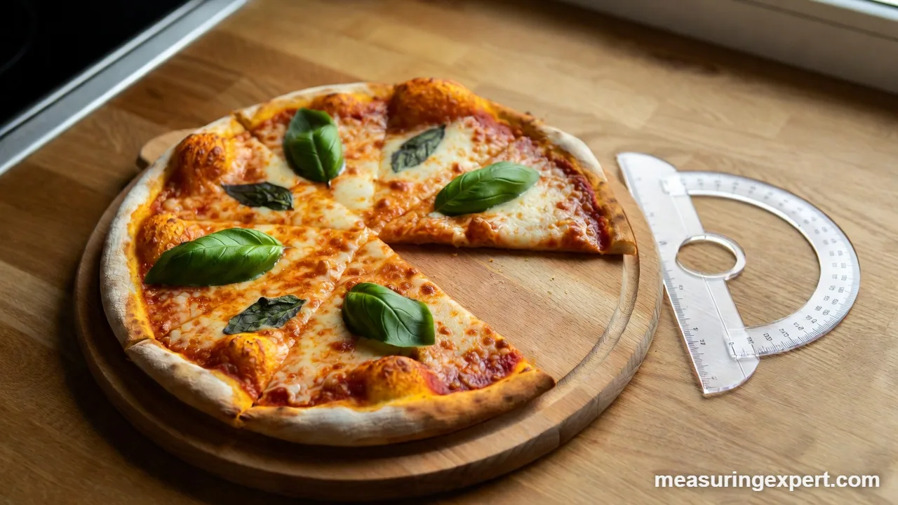 Pizza with one slice missing shows a reflex angle next to a protractor