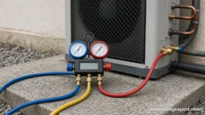 Best refrigerant gauge set with red and blue hoses beside an AC condenser