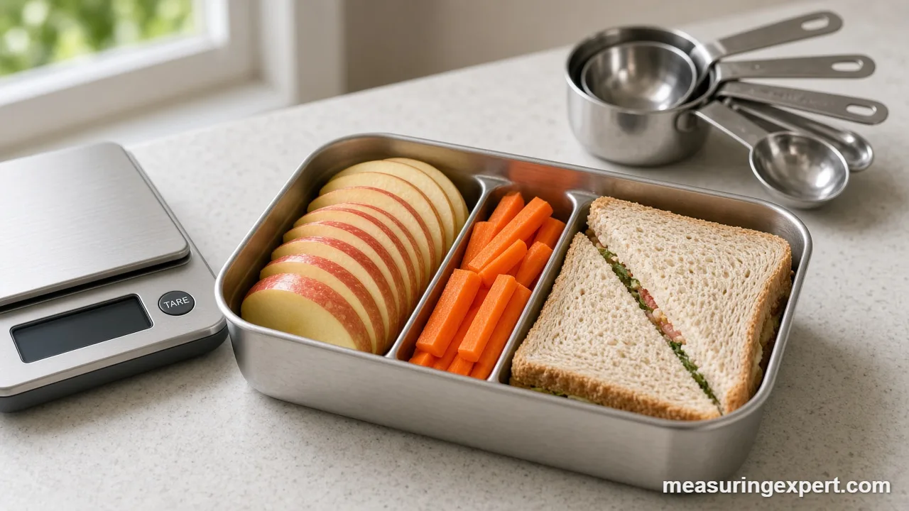 Packed lunch box on a scale to measure school lunch ingredients
