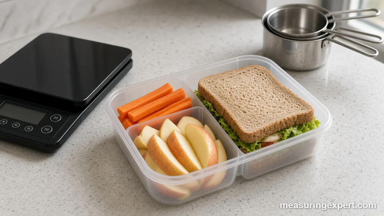Measuring cups of fruit and vegetables to measure school lunch ingredients
