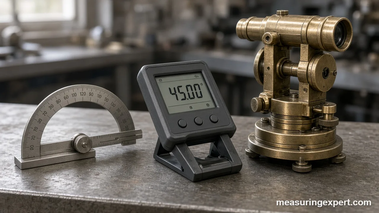 A digital angle finder showing the smallest angle in a shop measurement