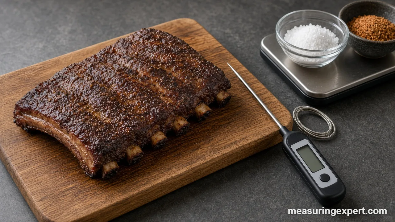 Smoking meat ingredients: salt weighed on a scale beside smoked ribs and a probe thermometer