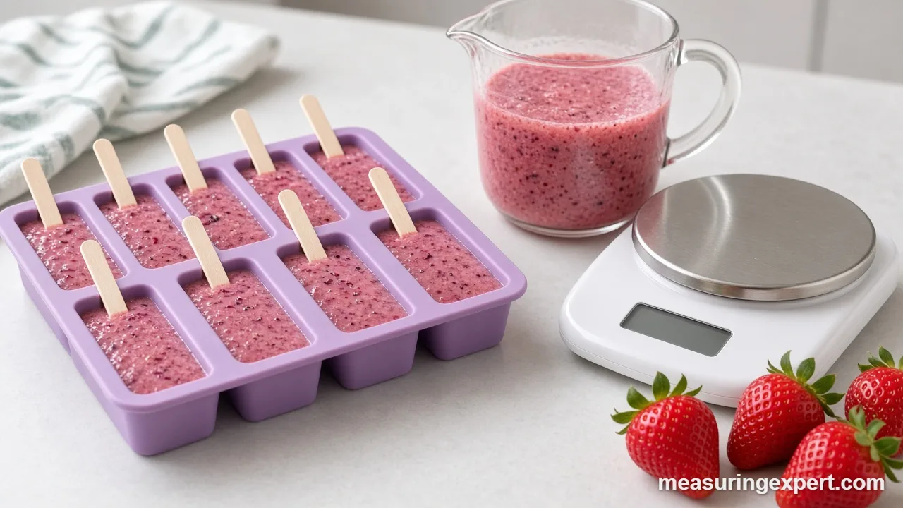 Smoothie popsicles in a mold tray beside a kitchen scale and measuring cup