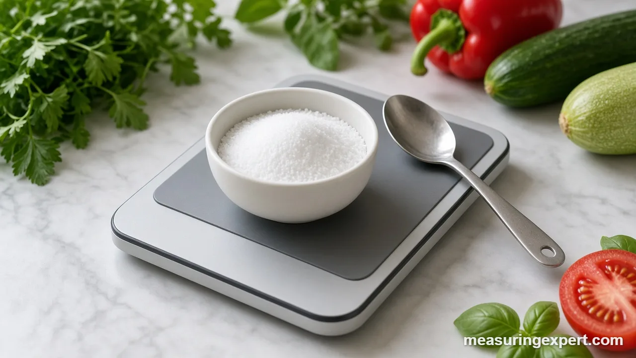 Level teaspoon of table salt next to a kitchen scale