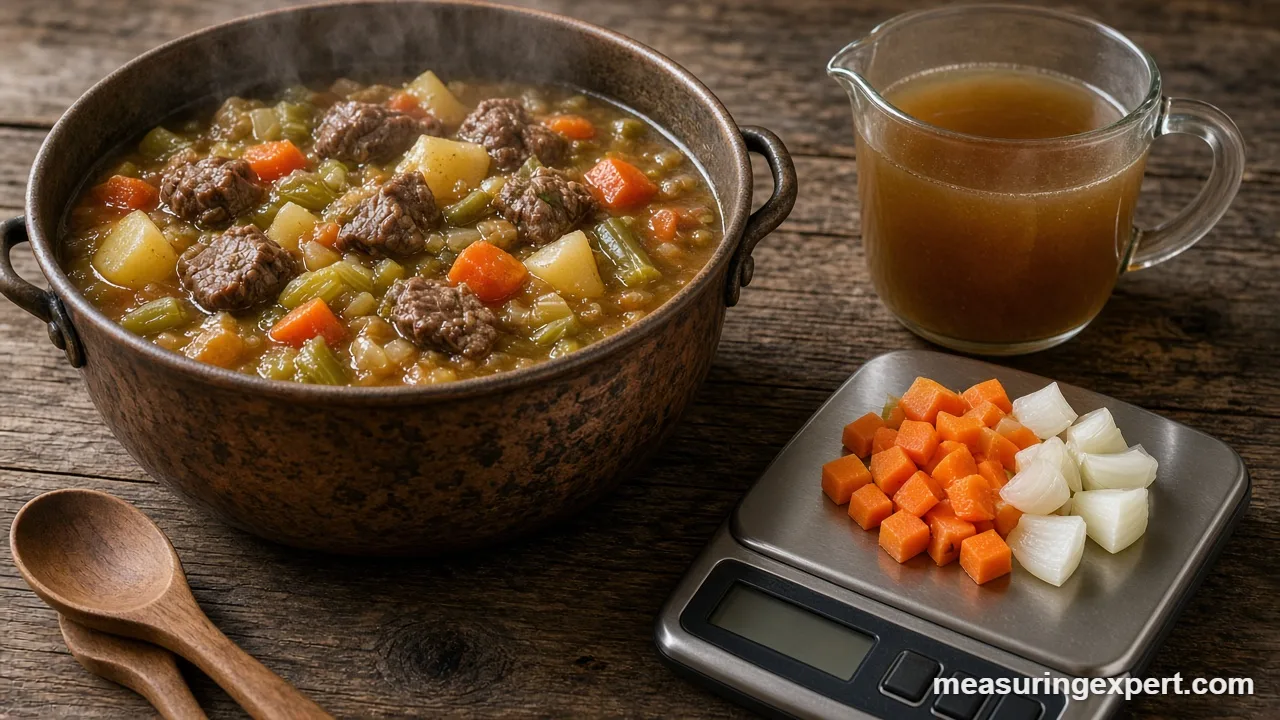 Soup and stew measurements: a pot of hearty stew beside a measuring cup of broth and a kitchen scale