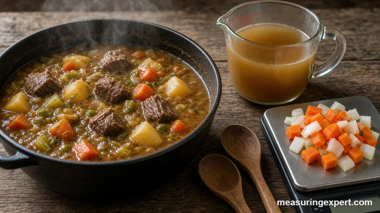 Soup and stew measurements: a bowl of soup with a ladle and measuring spoons