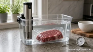 Sous vide temperatures set on an immersion circulator in a water bath with a vacuum sealed steak