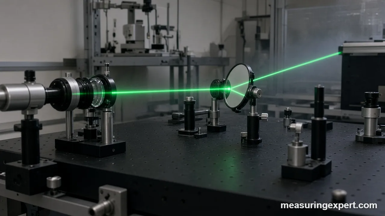 Speed of light: laser beam in an optics lab