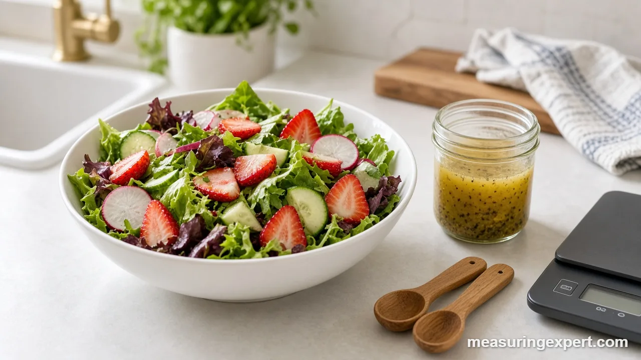 Spring salad measurements shown with a bowl of greens, dressing jar and kitchen scale