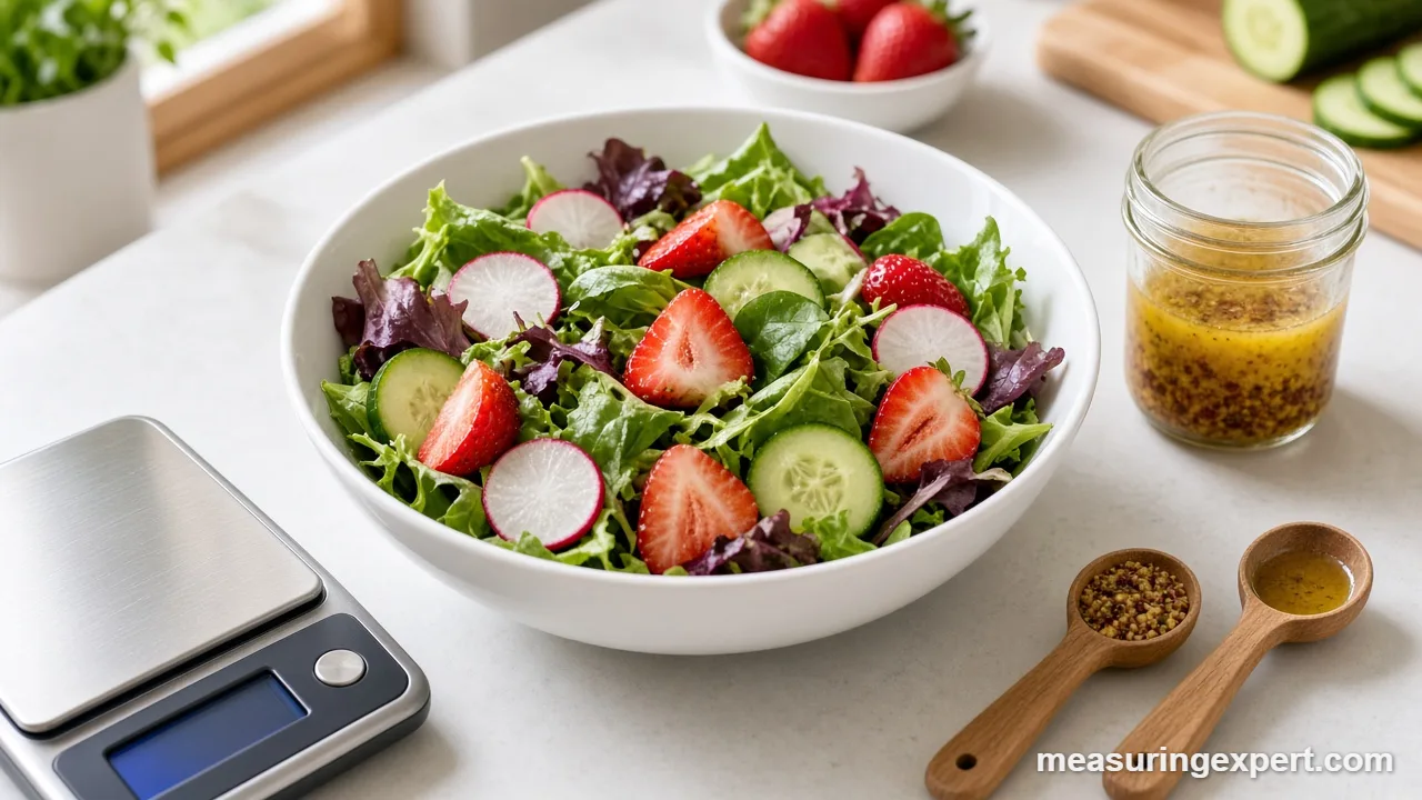 Fresh greens and vegetables measured for spring salad measurements