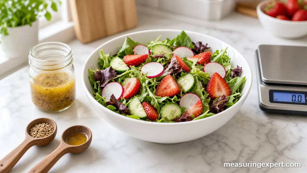 Vinaigrette jar and measuring spoons used for spring salad measurements