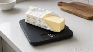 Stick of butter on a kitchen scale in grams