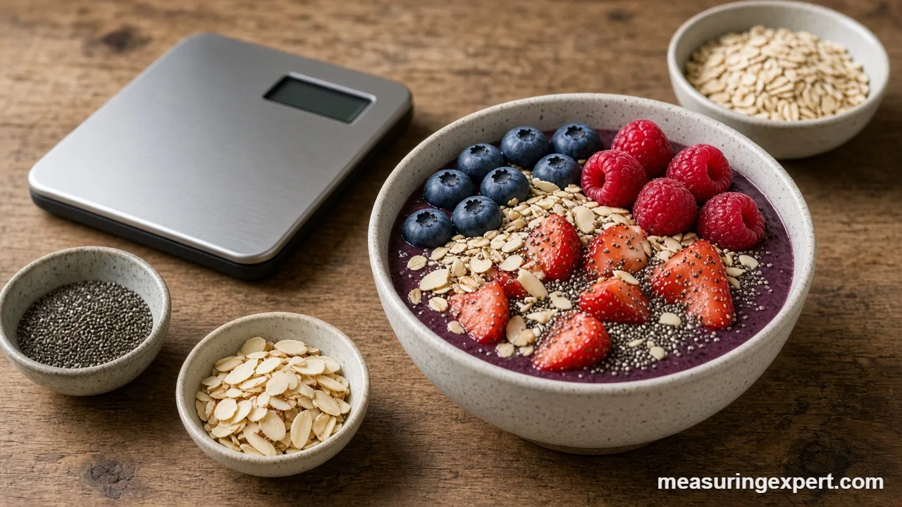 Measure superfood bowl ingredients with a digital scale and small bowls of toppings