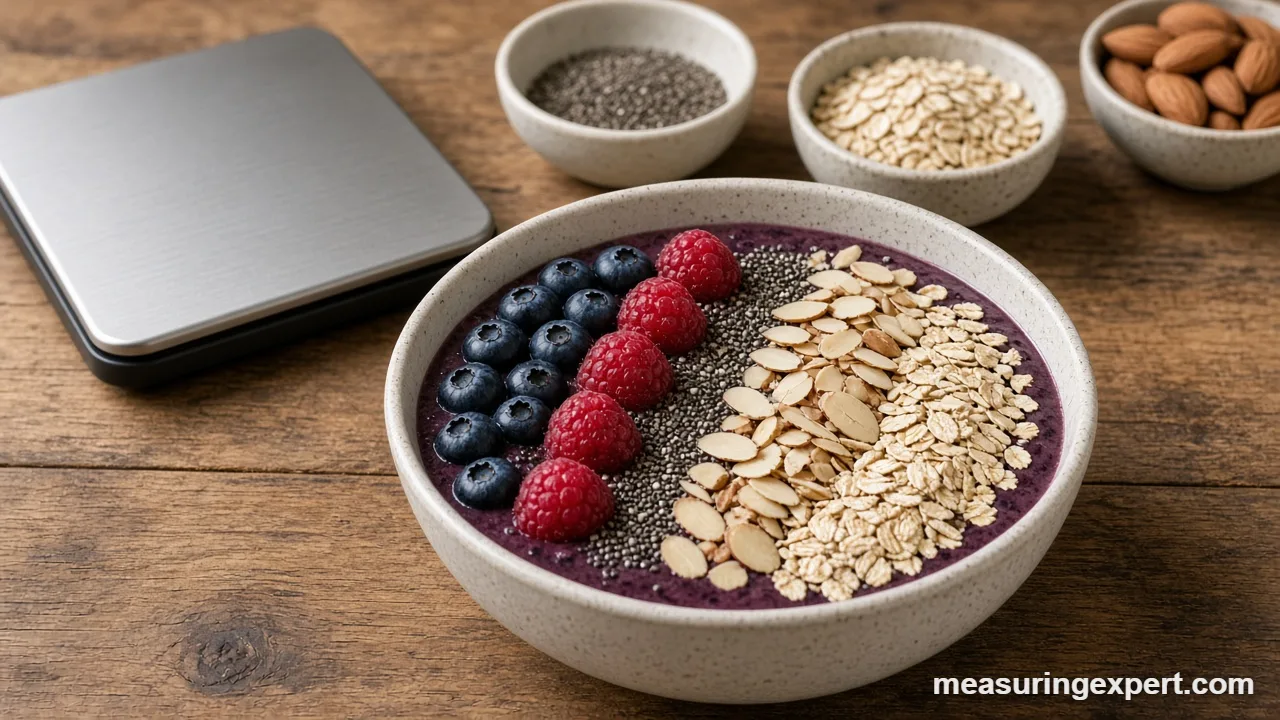 Measure superfood bowl ingredients: oats, chia seeds and berries