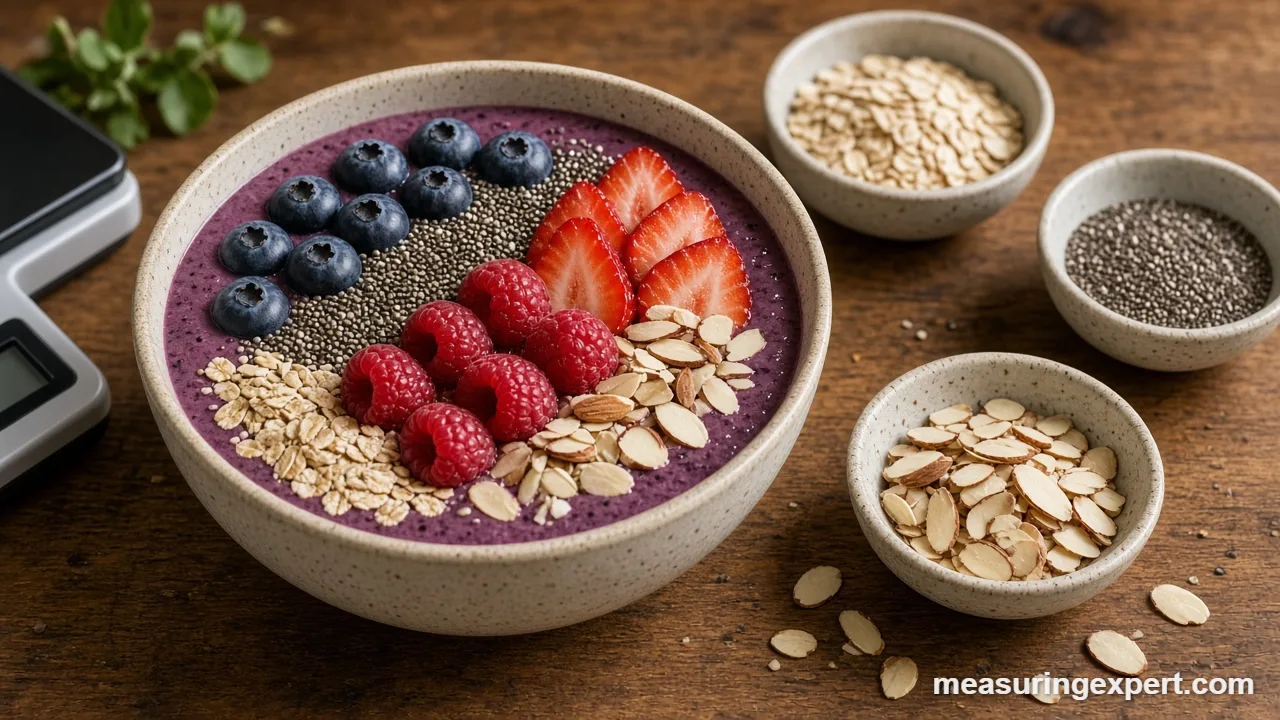 Measure superfood bowl ingredients: a finished bowl with sliced almonds and fruit