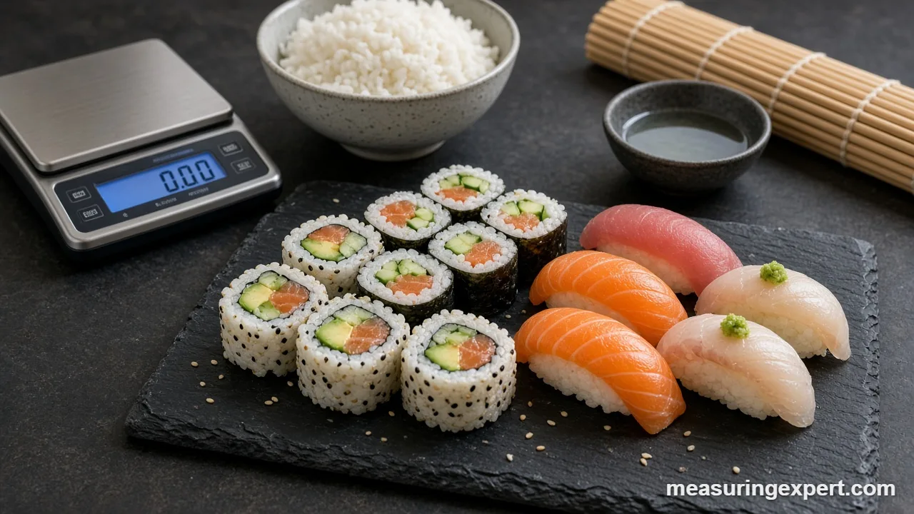 Sushi making measurements: sushi rolls and nigiri beside a digital kitchen scale and rice