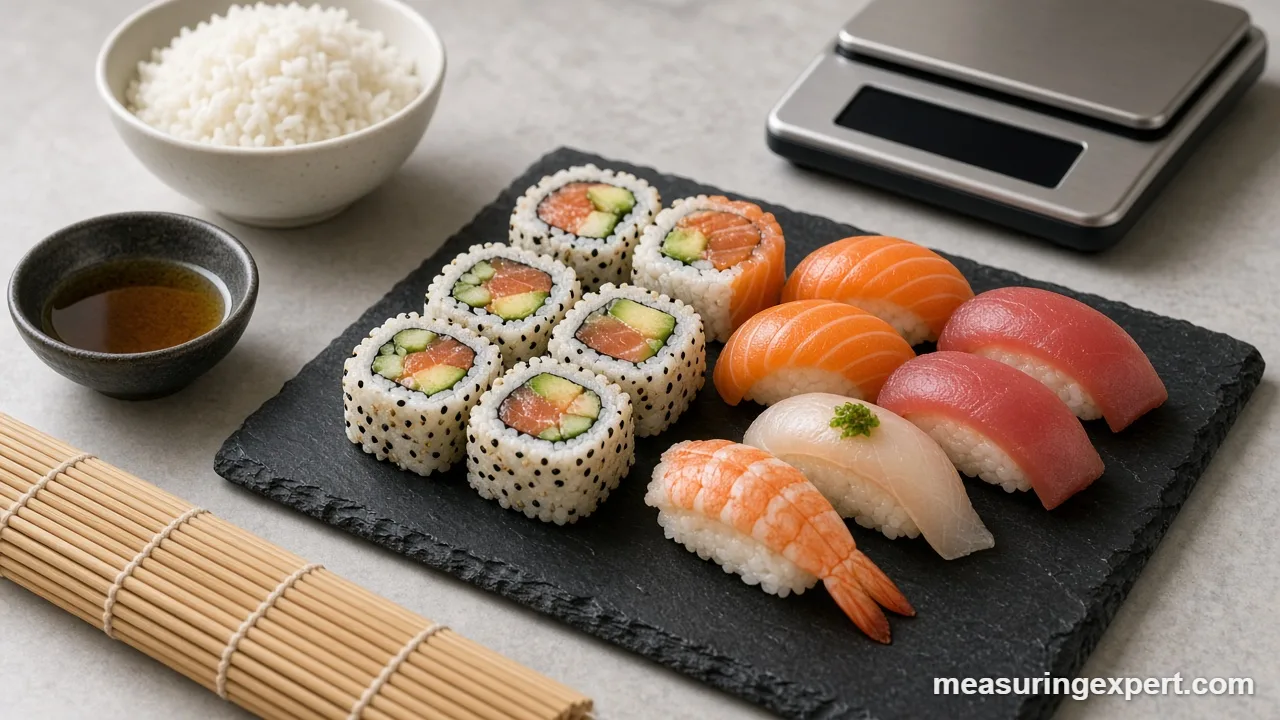 Sushi making measurements: bowl of sushi rice with a bamboo rolling mat