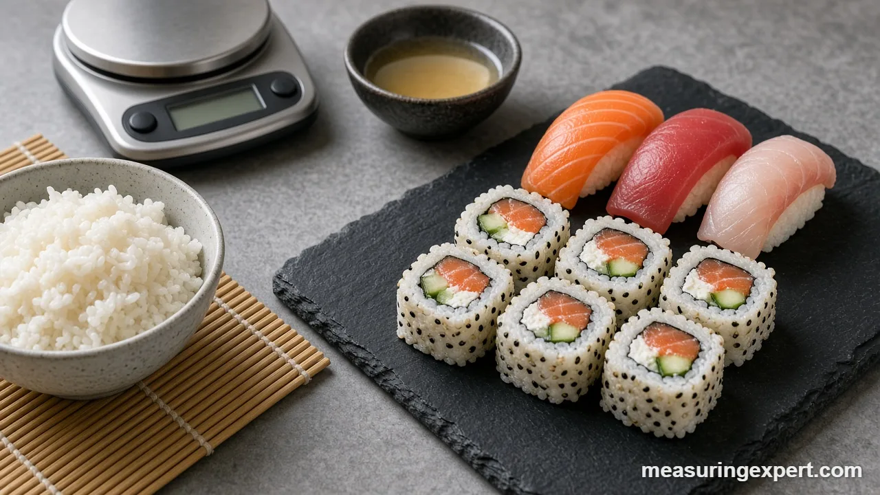 Sushi making measurements: rice vinegar, rice and a scale on a counter