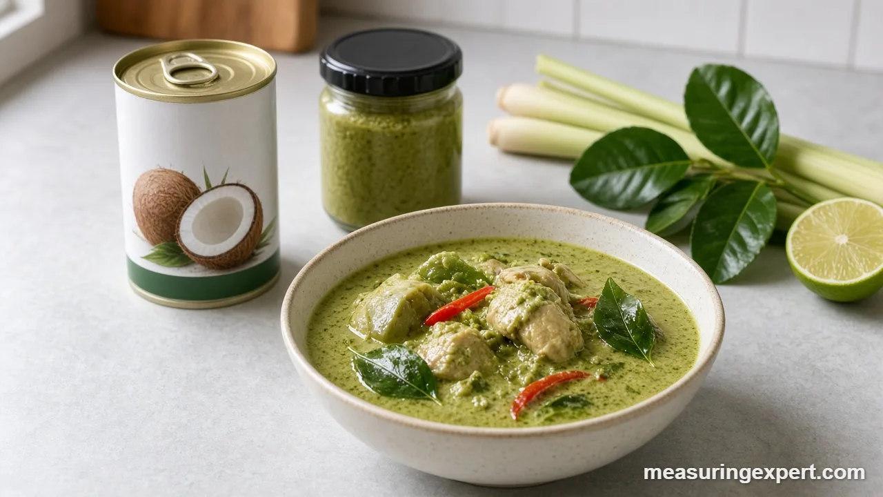 Thai curry measurements shown with coconut milk, curry paste and fresh lime leaves