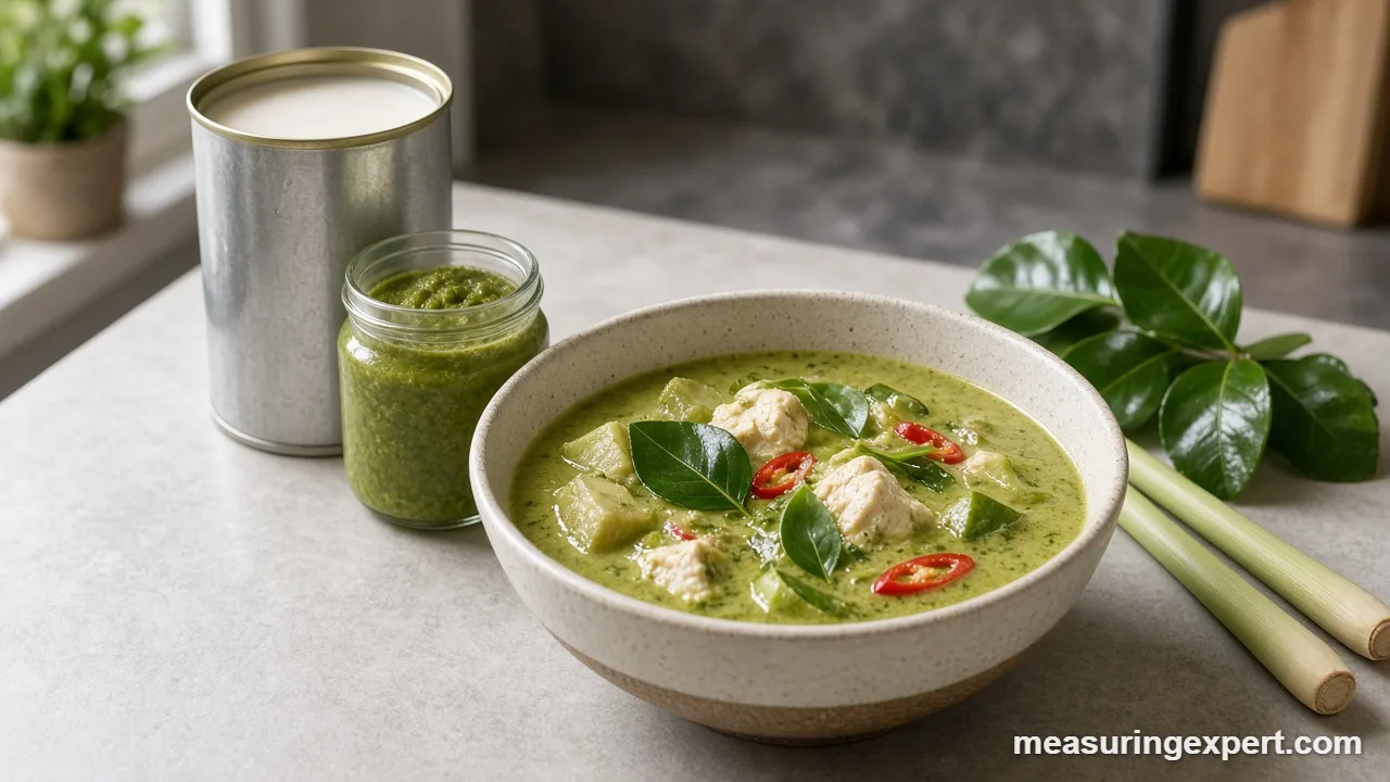 Bowl of green curry illustrating Thai curry measurements for four servings