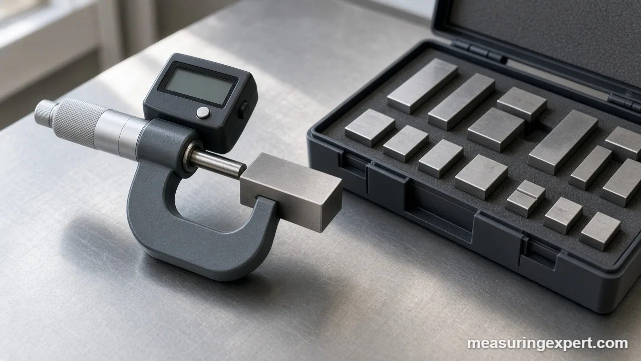 Tool calibration check with a micrometer and steel gauge block