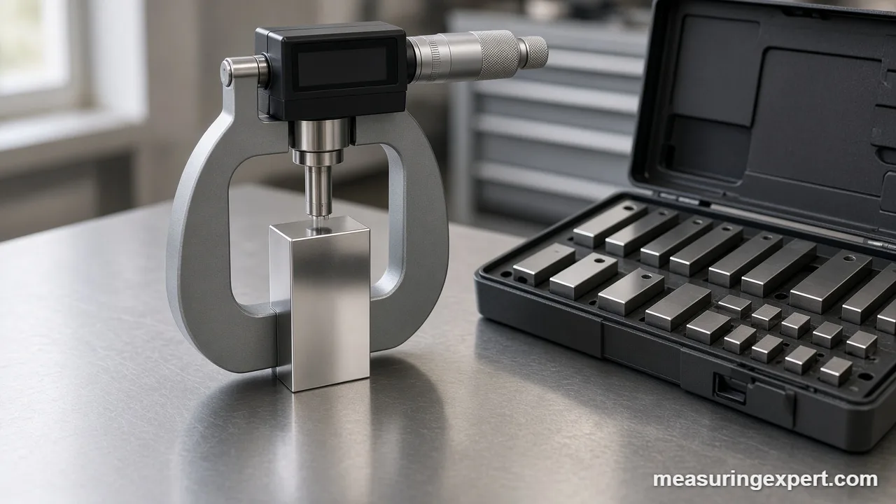 Micrometer and gauge blocks used for tool calibration