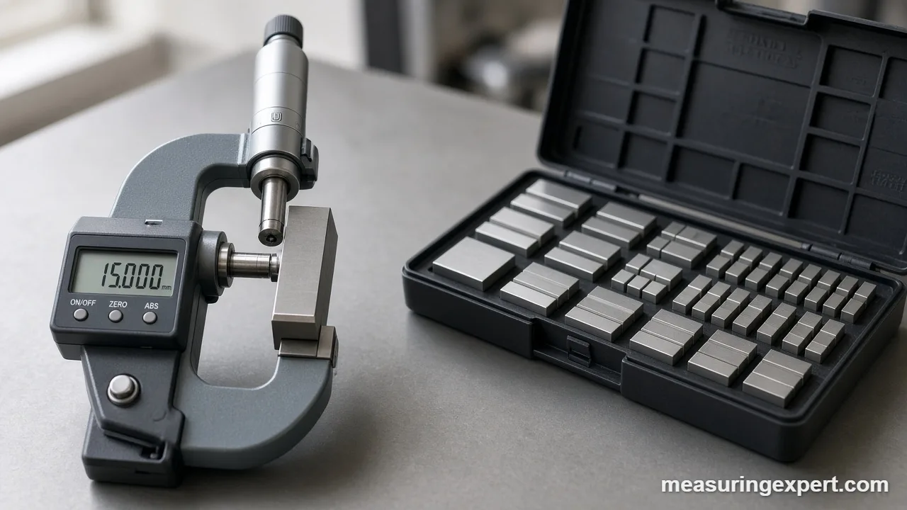 Precision gauge block set on a metrology workbench