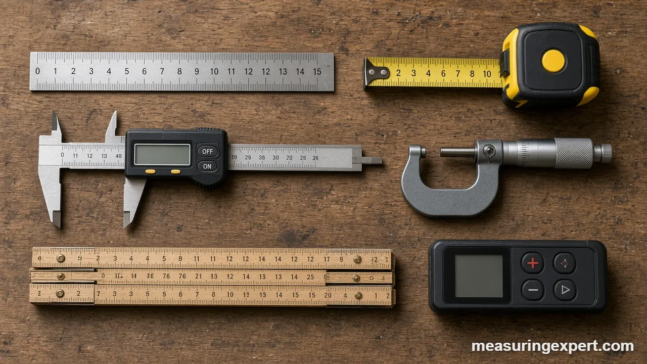 Tools to measure length laid out on a workbench