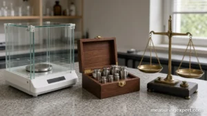 Tools used to measure mass: balance and calibration weights