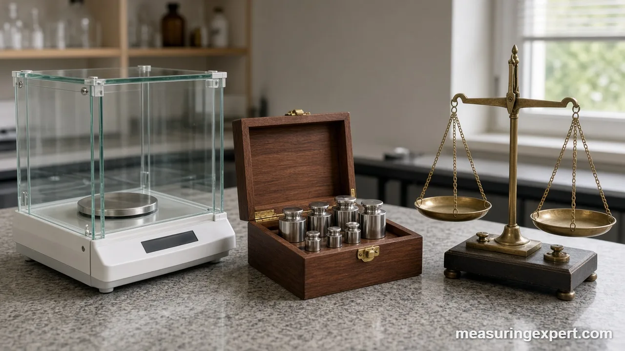 Tools used to measure mass: balance and calibration weights