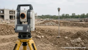 Total station on a tripod at a construction site