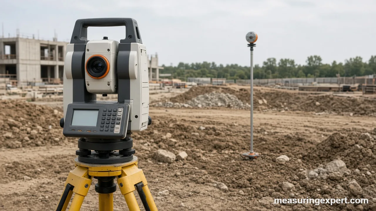 Total station on a tripod at a construction site