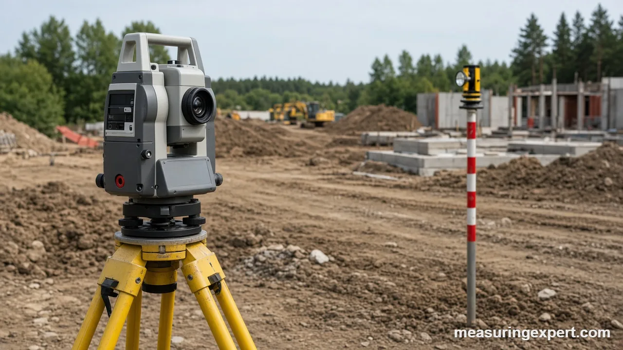 Surveying total station and prism pole used for construction layout