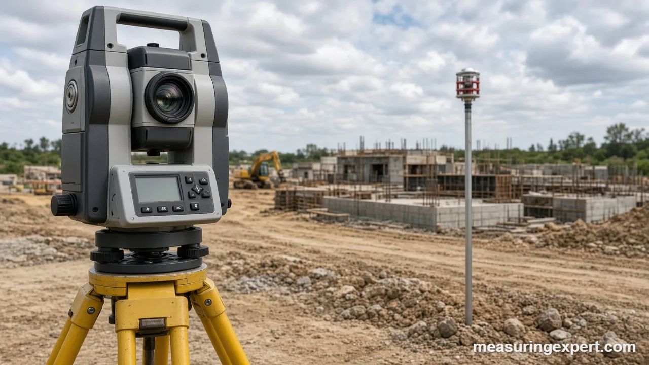 Total station instrument leveled over a survey point