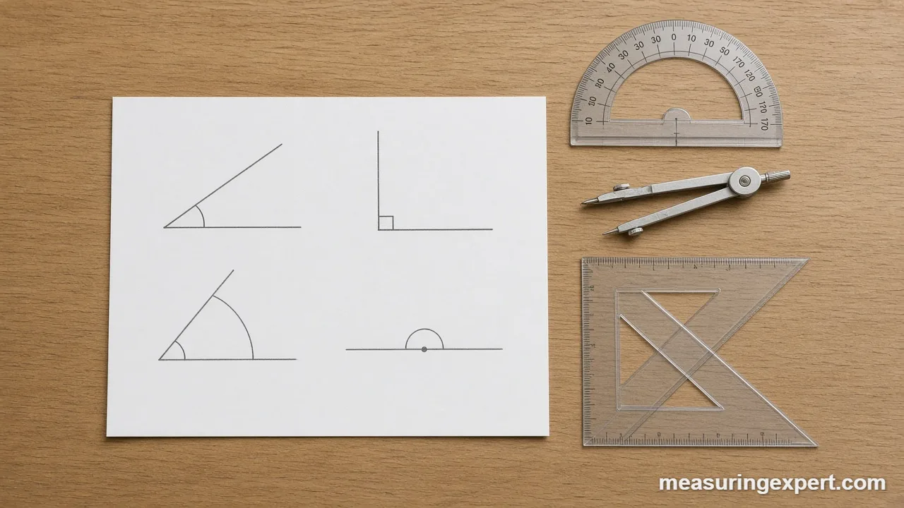 Types of angles drawn on paper with a protractor