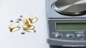 Vitamin D softgels beside a lab balance, ug measurement in micrograms