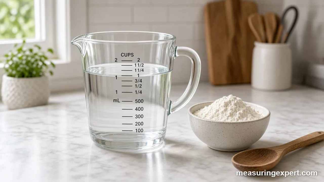 Glass measuring jug filled with water on a kitchen counter next to flour