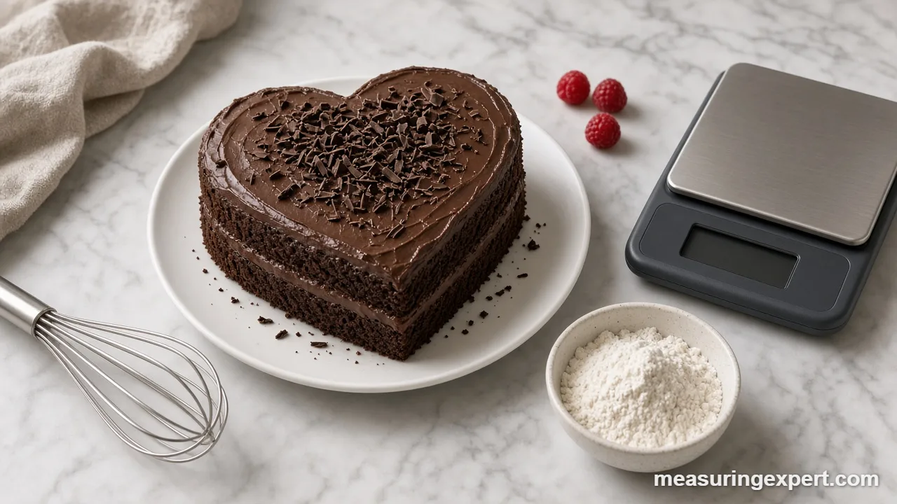 Heart-shaped chocolate cake and kitchen scale for Valentine's Day dessert measurements