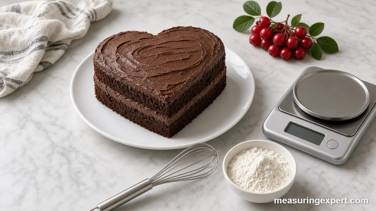 Digital scale and flour bowl set up for Valentine's Day dessert measurements