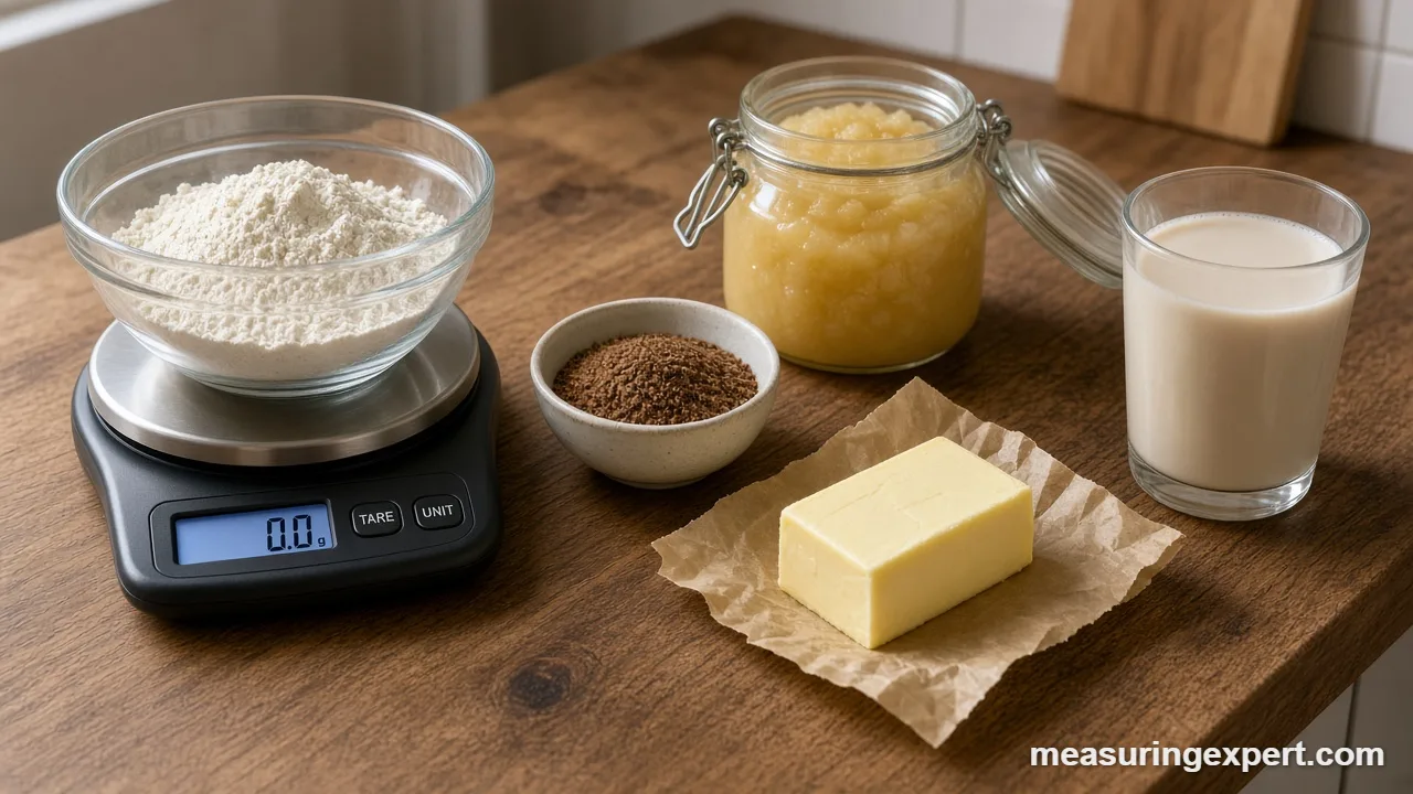 Vegan baking measurements shown with flour on a digital kitchen scale