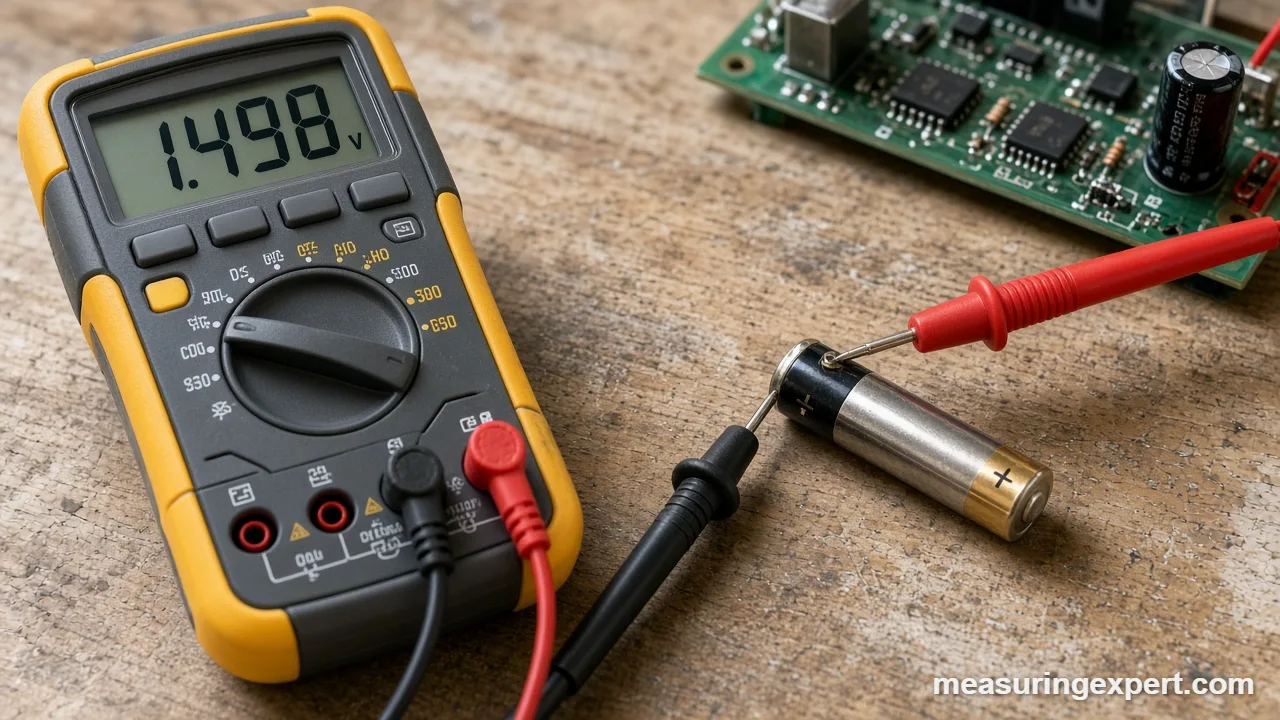 Voltage symbol V on a digital multimeter
