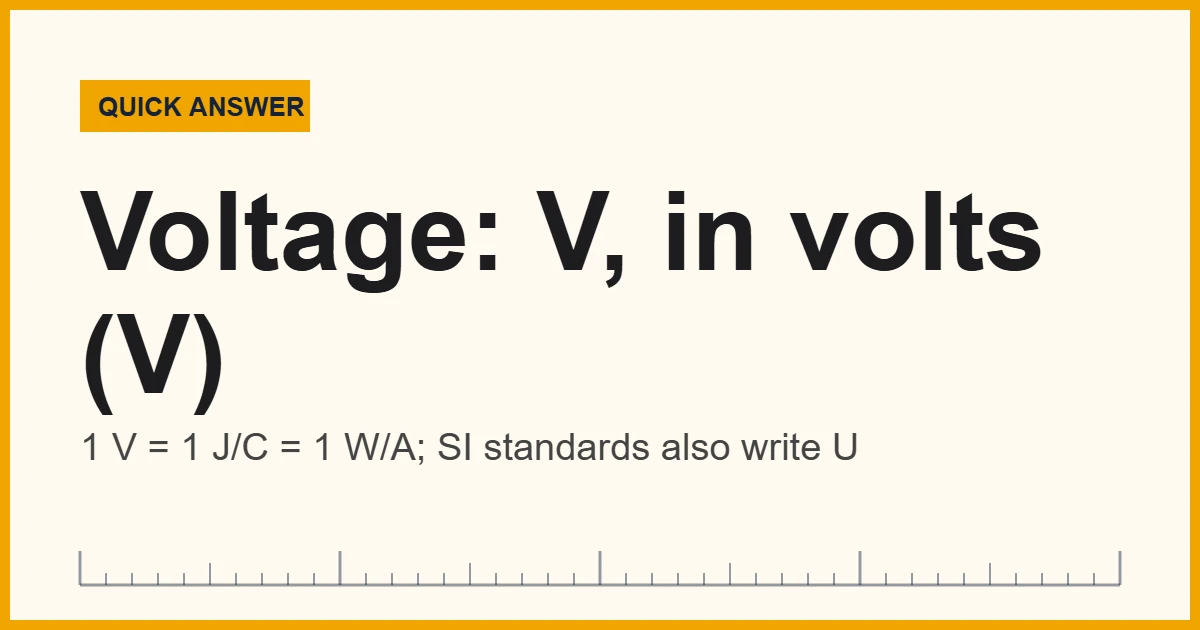 Voltage symbol and unit card: V for voltage, measured in volts (V)