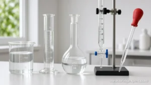 Volume lab equipment lined up on a bench