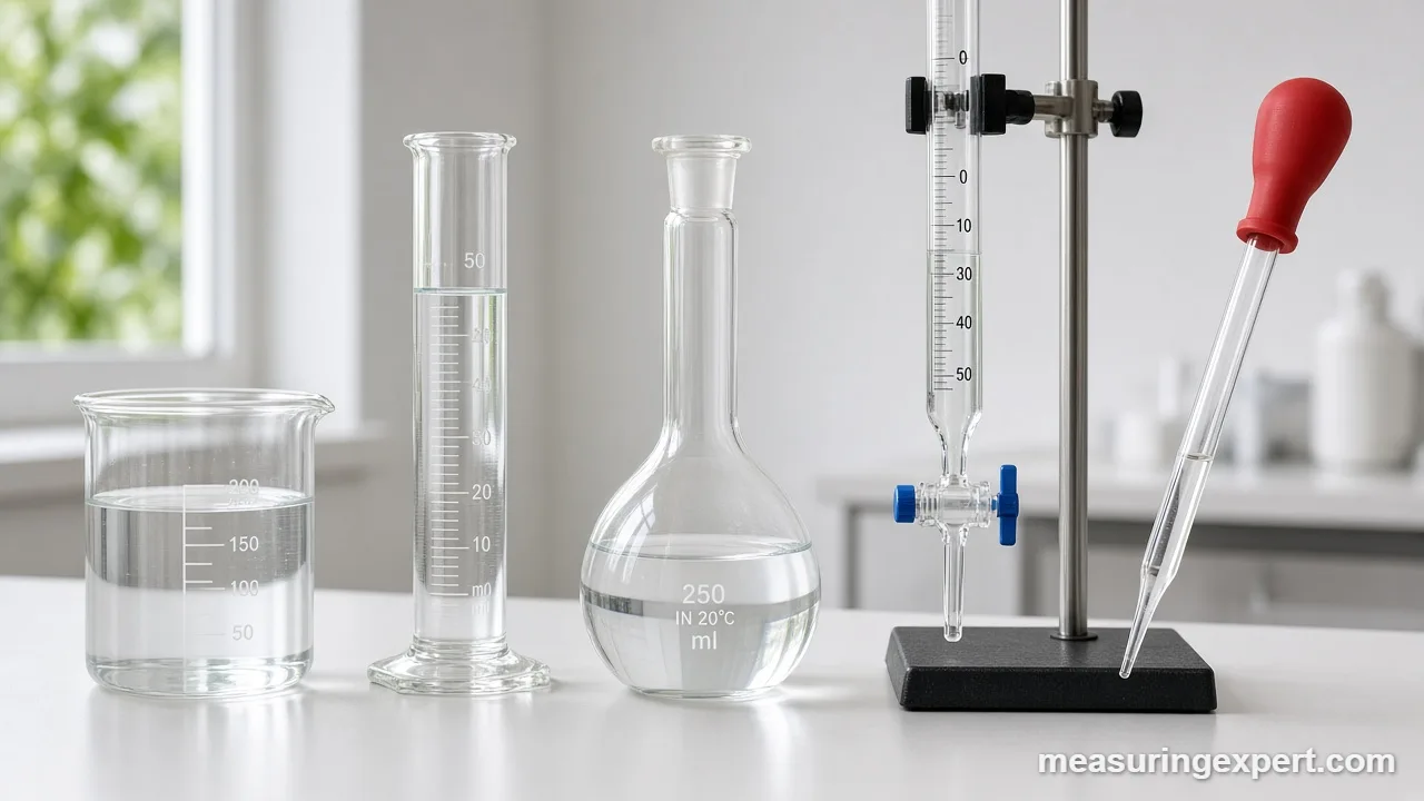 Volume lab equipment lined up on a bench