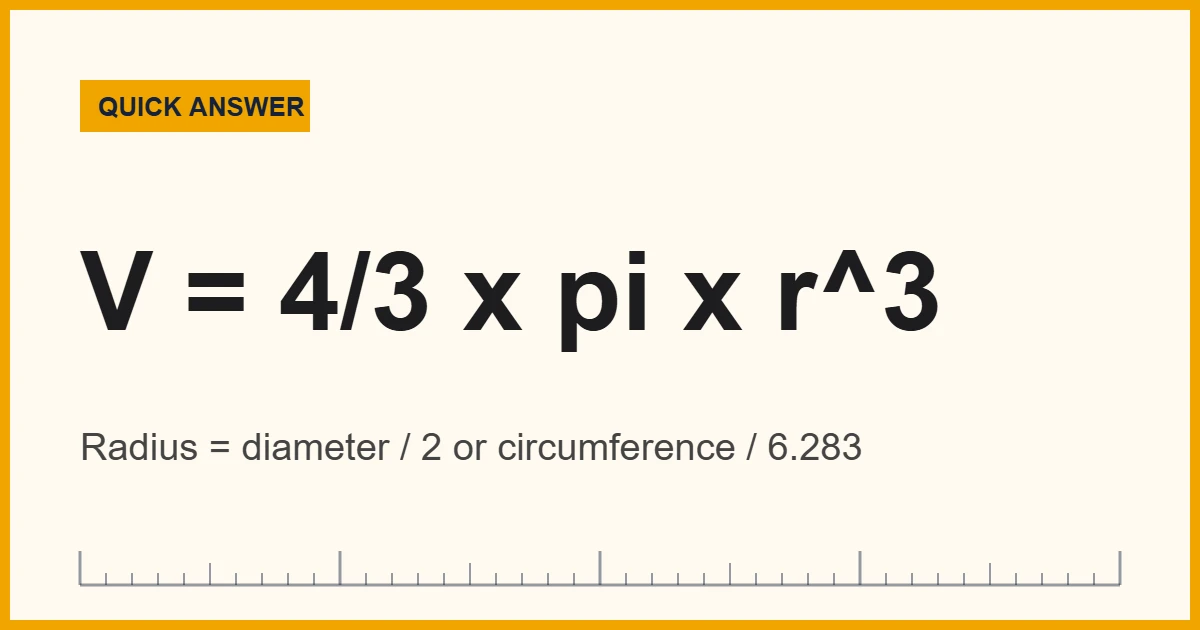 Volume of a sphere formula V = 4/3 pi r cubed with a 10 cm ball example