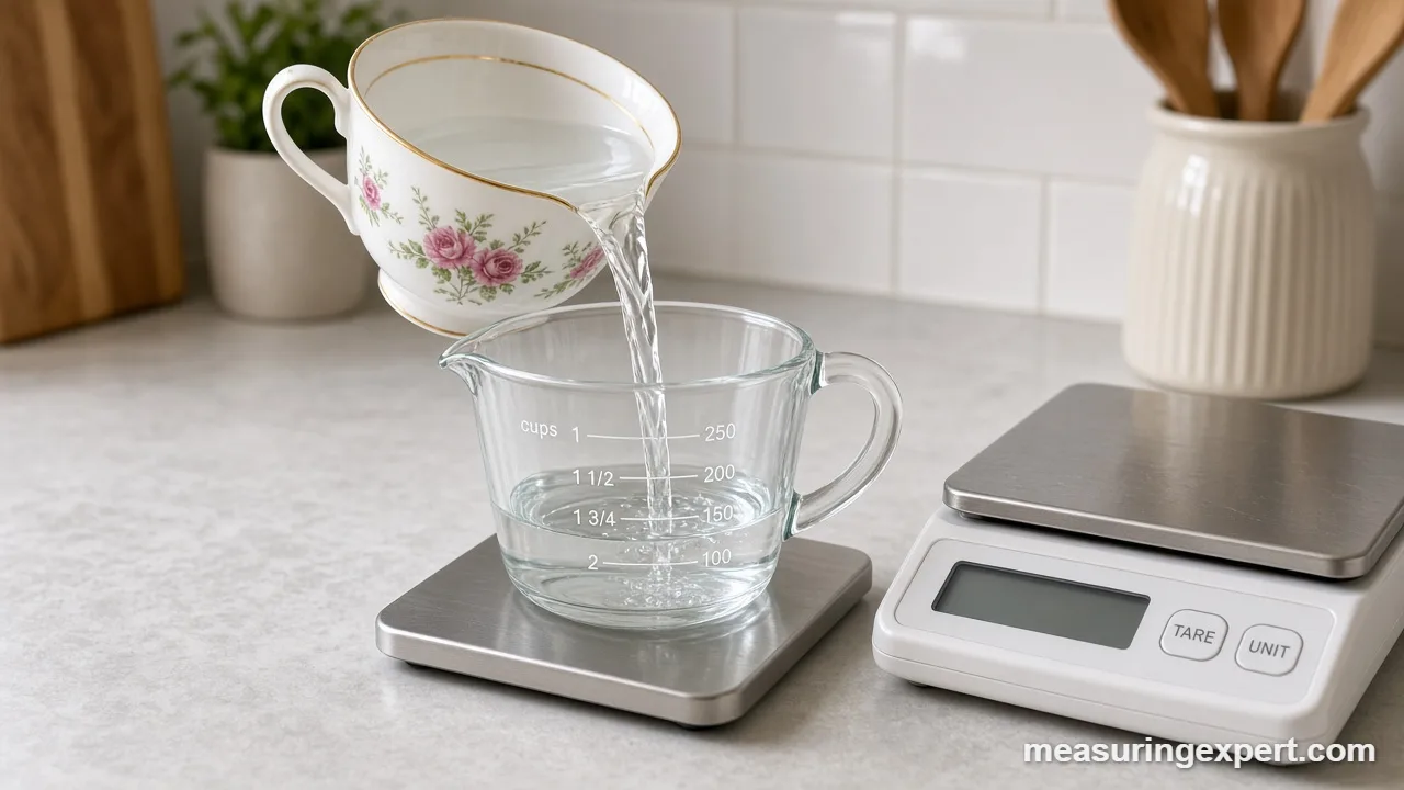 Measuring the volume of a teacup with a measuring cup