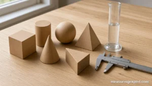 Volume of shapes: wooden cube, cylinder, cone, sphere and pyramid on a desk