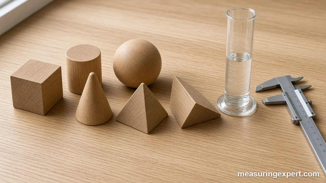 Volume of shapes models next to a graduated cylinder and caliper