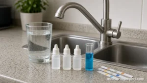 Water hardness test kit with dropper bottles, test tube and strips beside a kitchen sink